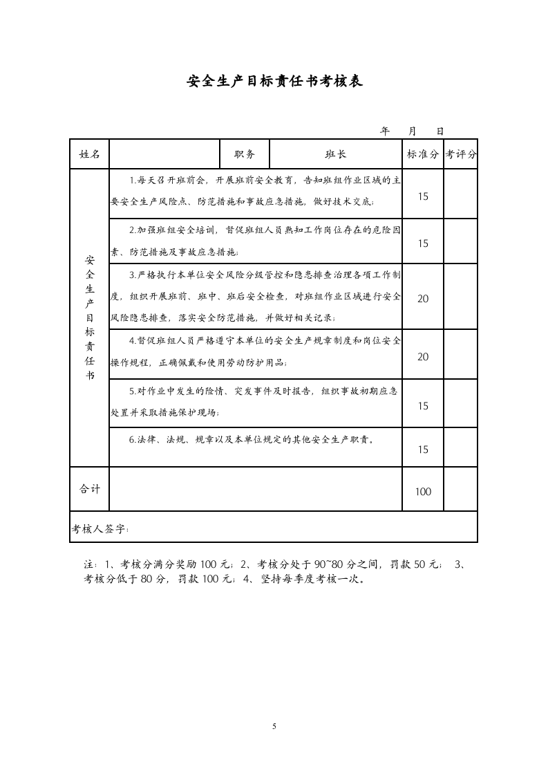 5班长安全生产目标责任书（1份） 第5页