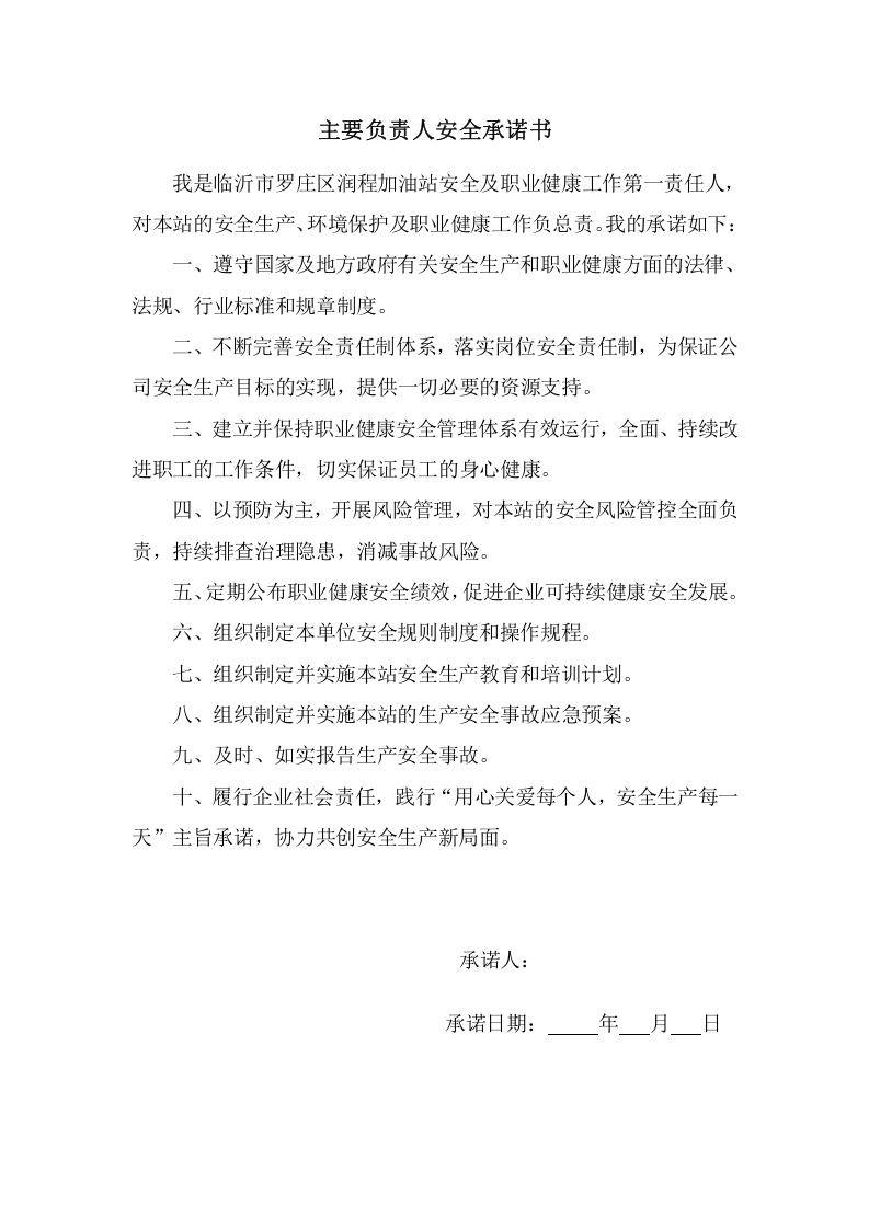 主要负责人安全生产承诺书（1份） 第1页