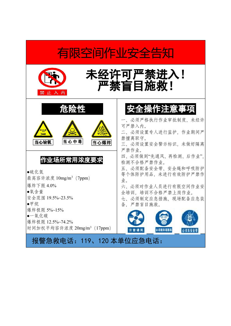 有限空间作业风险告知牌（现场布置时使用）.docx 第1页