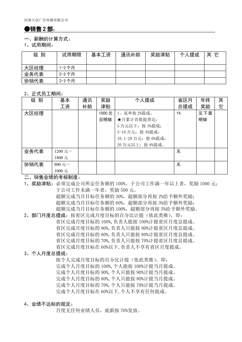 大众广告公司销售人员的薪酬与考核制度.doc 第3页