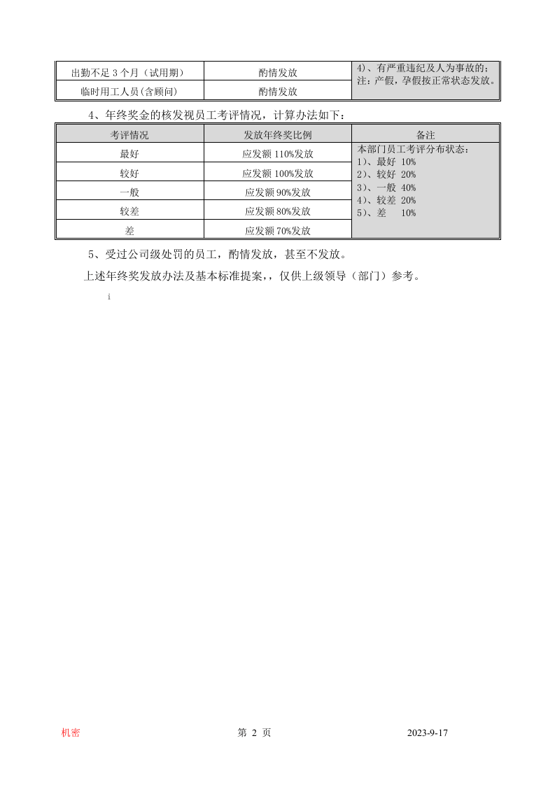 年终奖金发放暂行提案（适用于主管级（含）以下）.docx 第2页