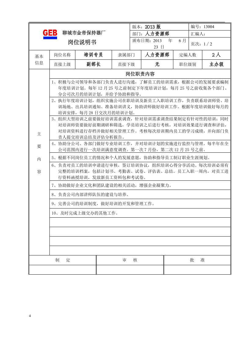 人力资源部岗位职责说明书.doc 第4页