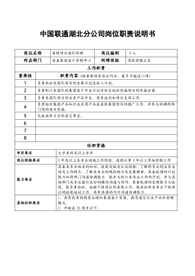 中国联通湖北分公司岗位职责说明书.doc 第3页