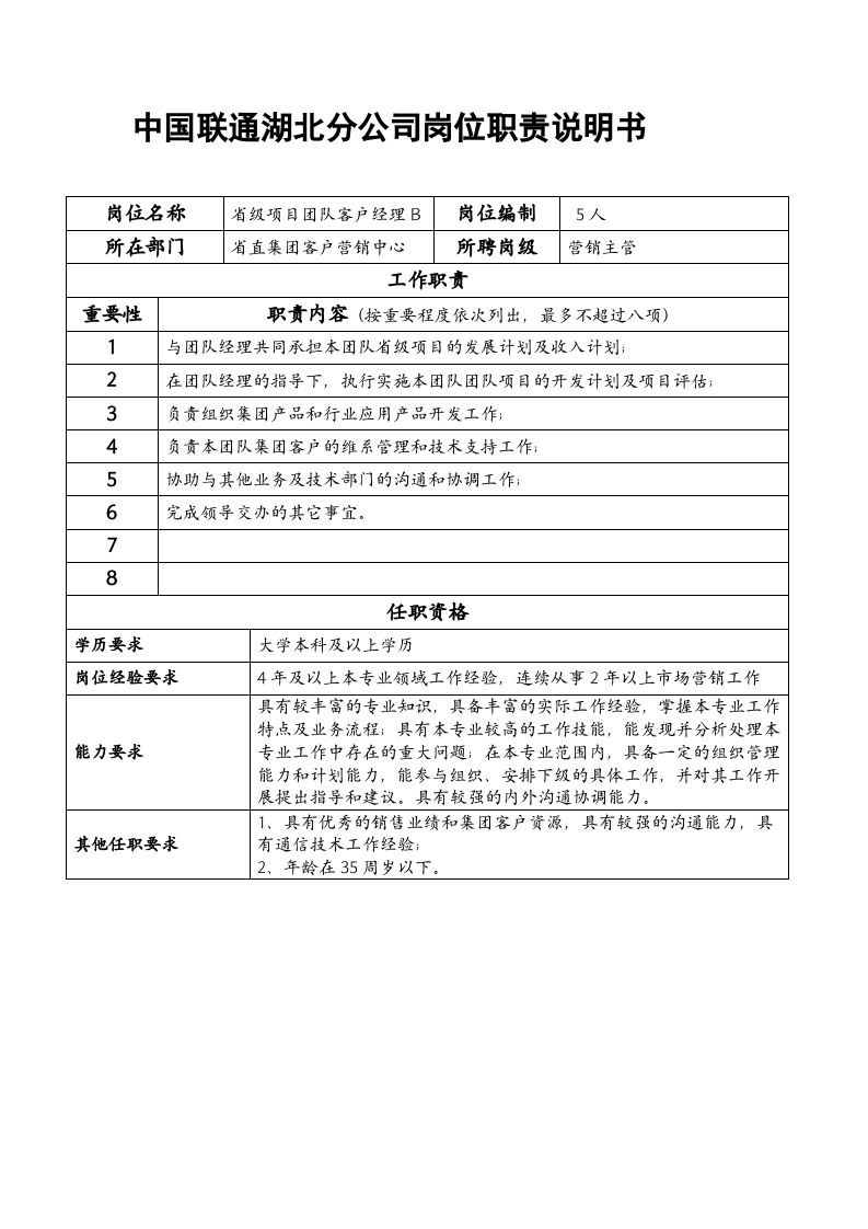 中国联通湖北分公司岗位职责说明书.doc 第5页