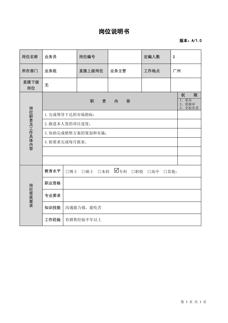 销售人员岗位职责说明书.doc 第3页
