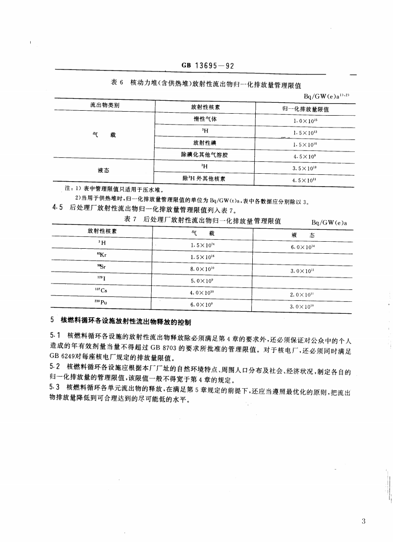 GB 13695-92 核燃料循环放射性流出物归一化排放量管理限值.pdf 第3页
