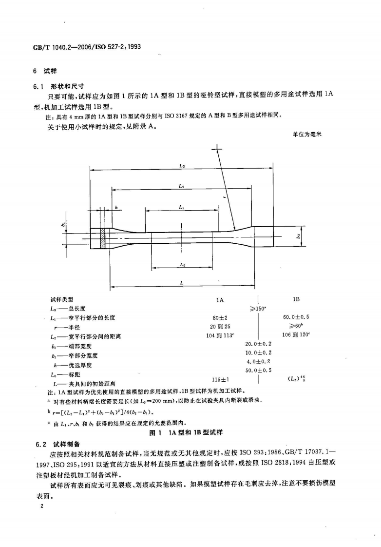 GBT1040.2-2006 塑料 拉伸性能的测定 第2部分模塑和挤塑塑料的试验条件.pdf 第2页