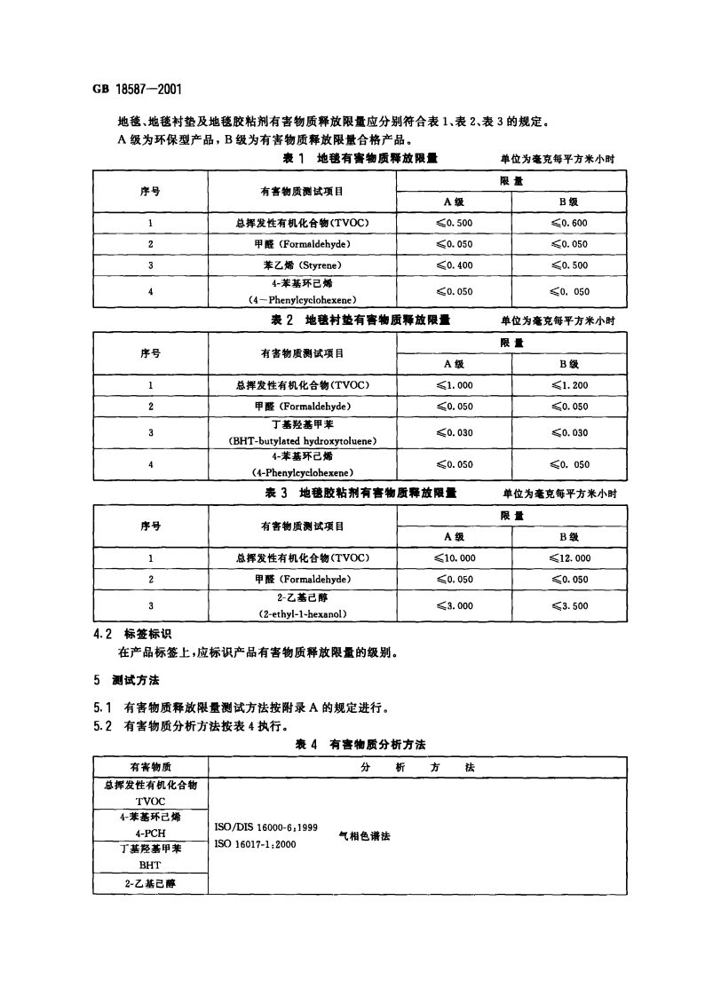 GB18587-2001 室内装饰装修材料 地毯、地毯衬垫及地毯胶粘剂有害物质释放限量.pdf 第4页