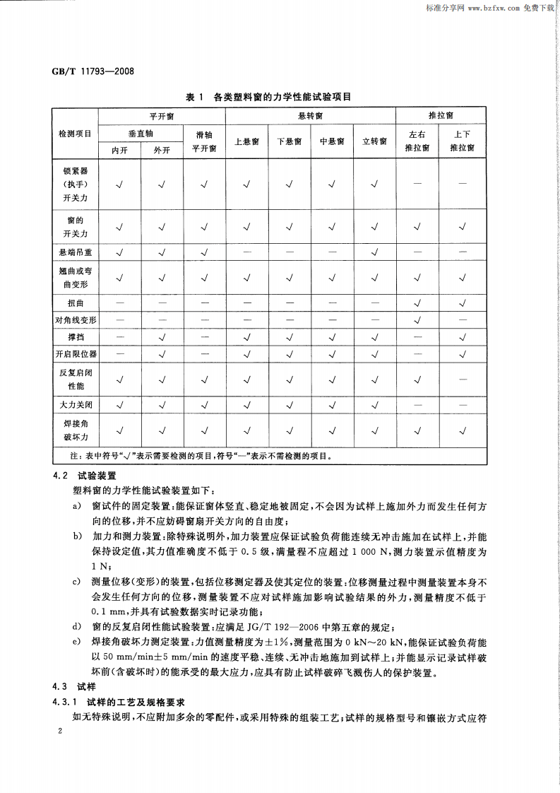 GBT11793-2008 未增塑聚氯乙烯(PVC-U)塑料门窗力学性能及耐候性试验方法.pdf 第4页
