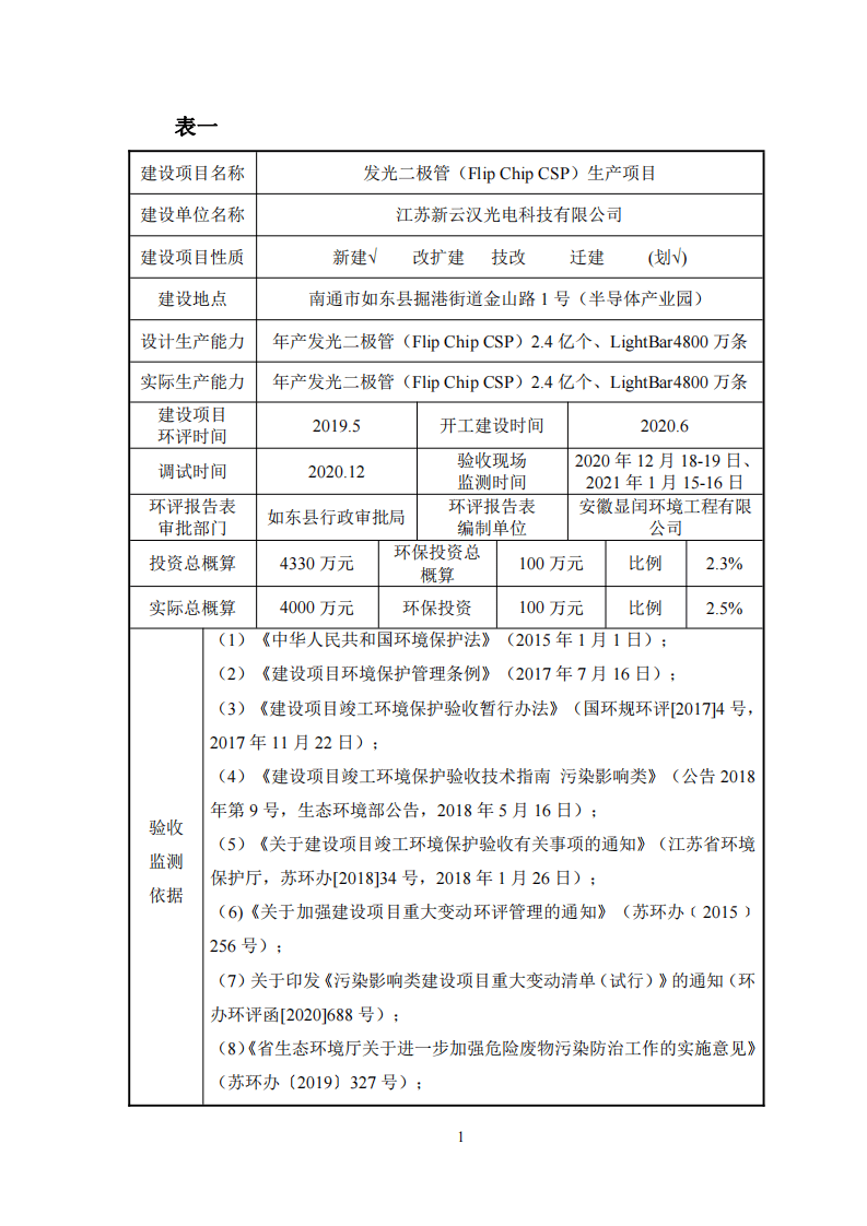 江苏新云汉光电科技有限公司发光二极管（Flip Chip CSP）生产项目验收报告.pdf 第3页
