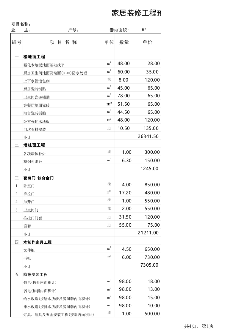 127 室内装饰工程成本核算表.xls 第1页