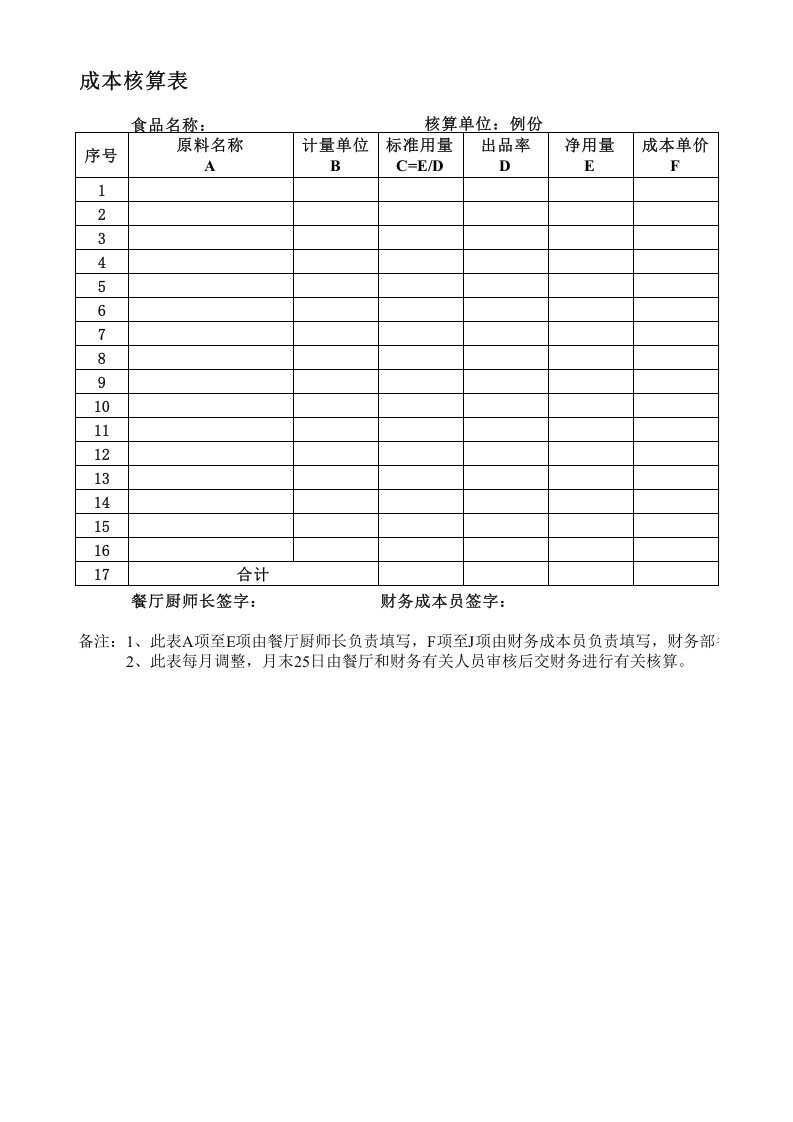 124 食品成本核算表.xls 第1页