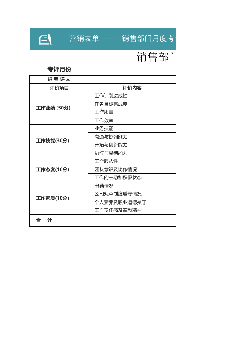销售部门月度业绩考评Excel图表.xlsx 第1页