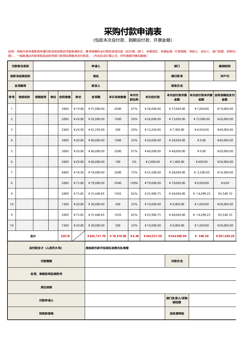 198 采购付款申请表Excel模板.xlsx 第1页
