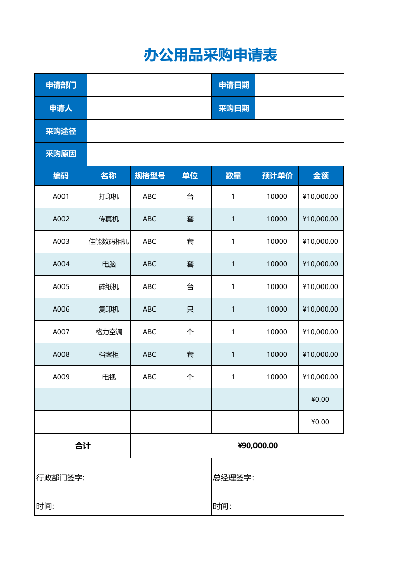 129 办公用品采购申请表Excel模板.xlsx 第1页