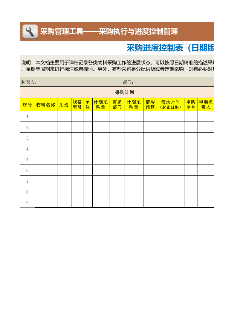 77 采购进度控制表（日期版）.xlsx 第1页