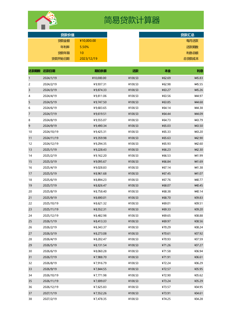 高颜值Excel模板-贷款计算器.xlsx 第1页