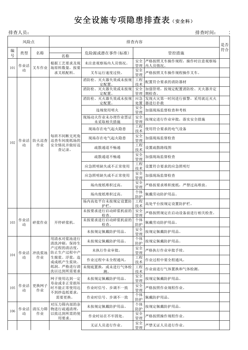 现场类安全设施专项隐患排查表（安全科每季度一次）.xlsx 第1页