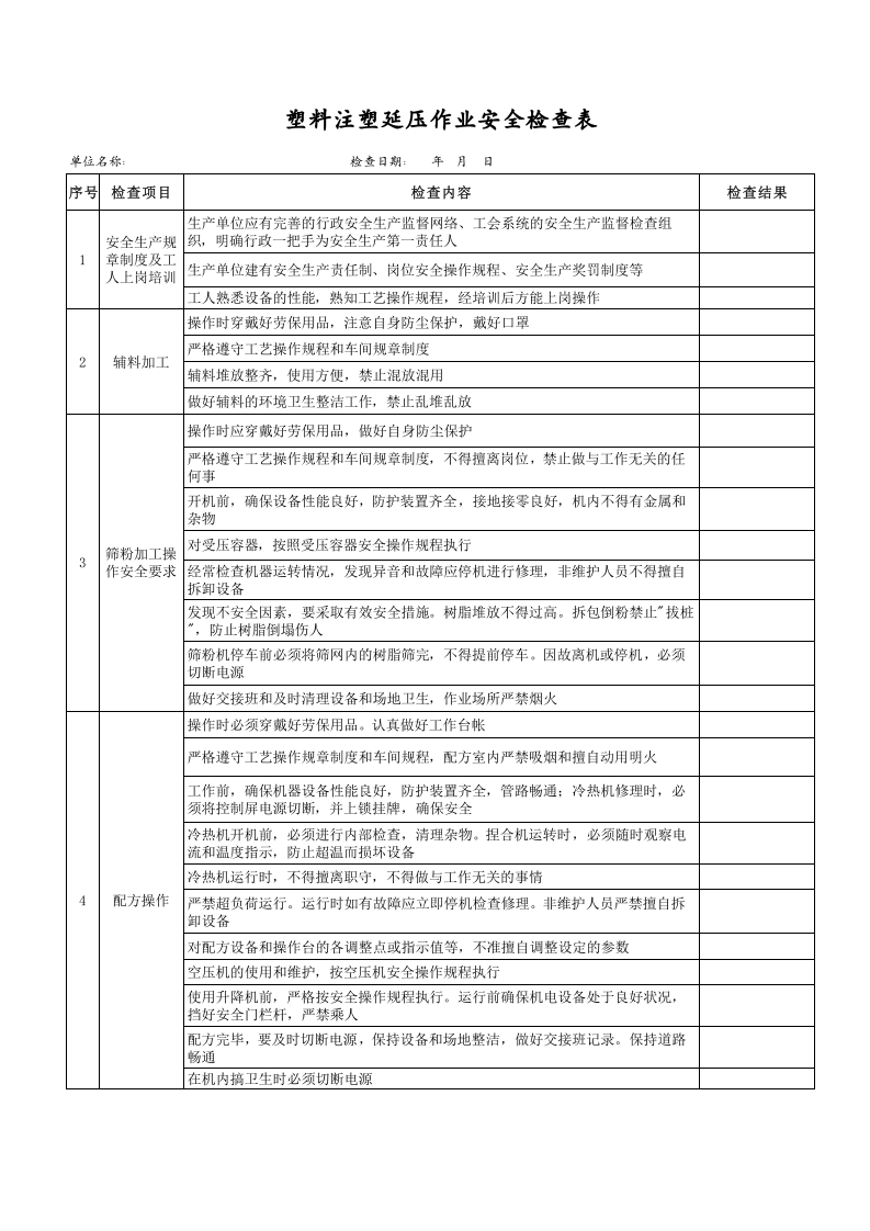 塑料注塑延压作业安全检查表.xls 第1页