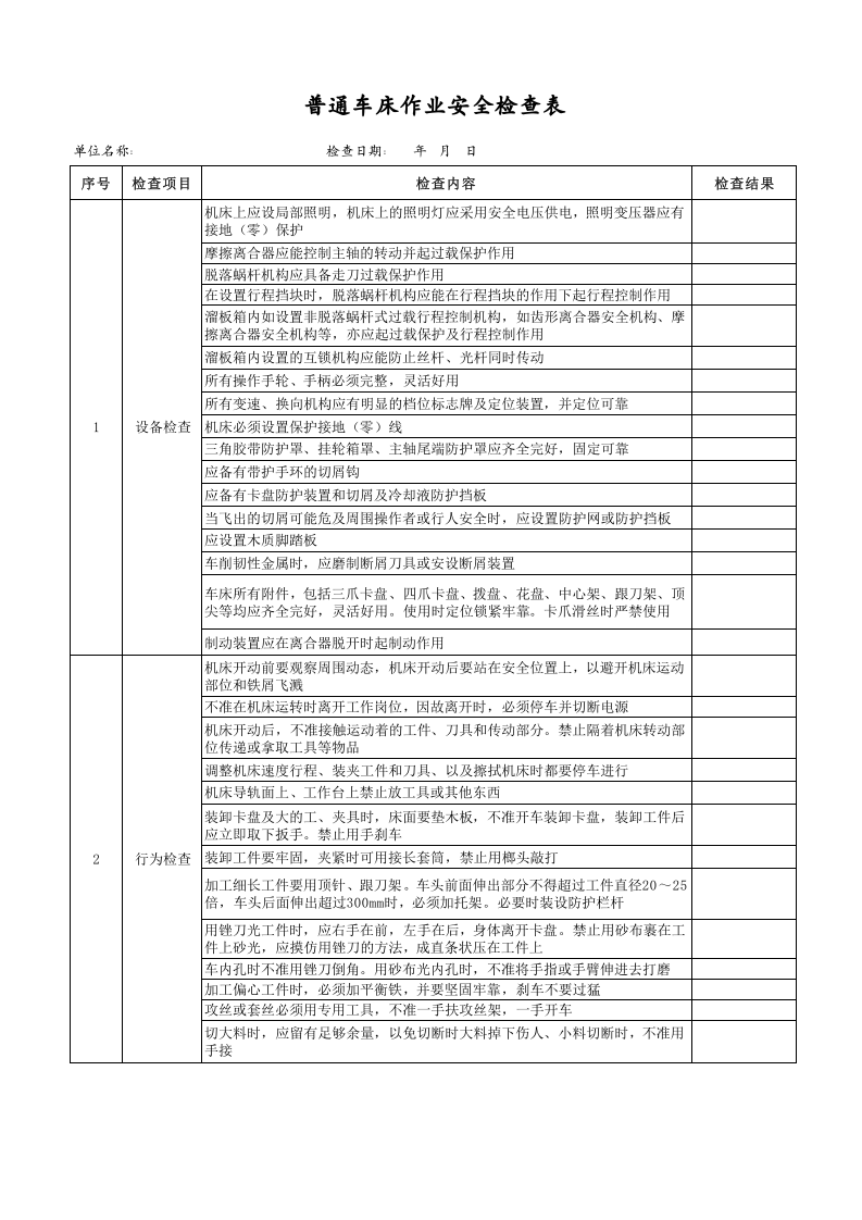 普通车床作业安全检查表.xls 第1页