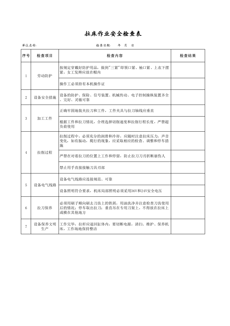拉床作业安全检查表.xls 第1页