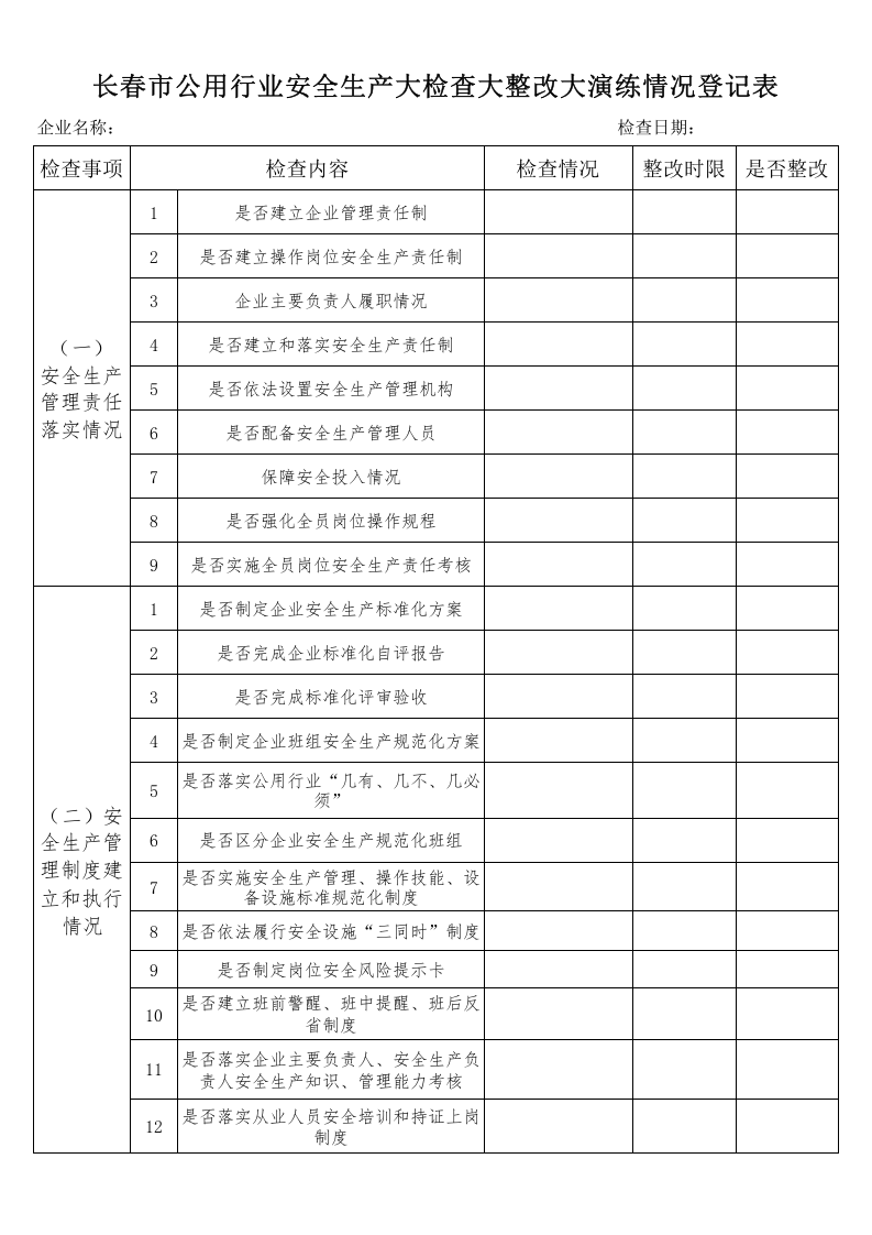 长春市公用行业大检查大整改大演练登记表.xlsx 第1页