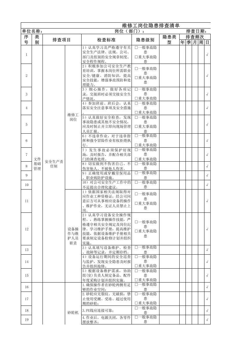 维修工岗位隐患排查清单.xlsx 第1页