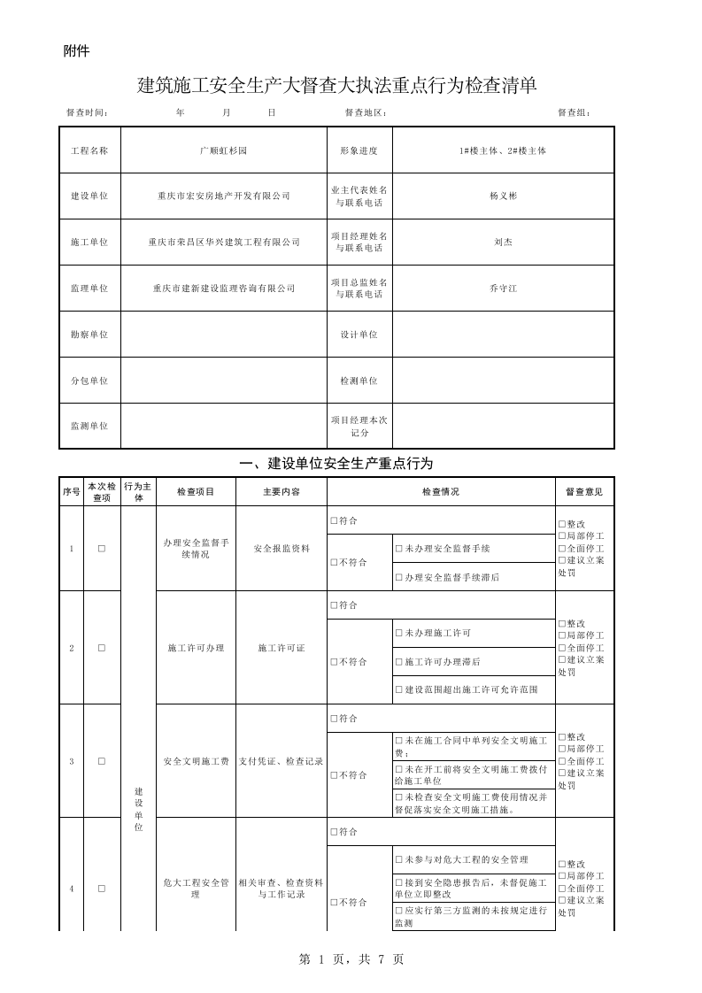附件：建筑施工安全生产大督查大执法重点行为检查清单.xls 第1页