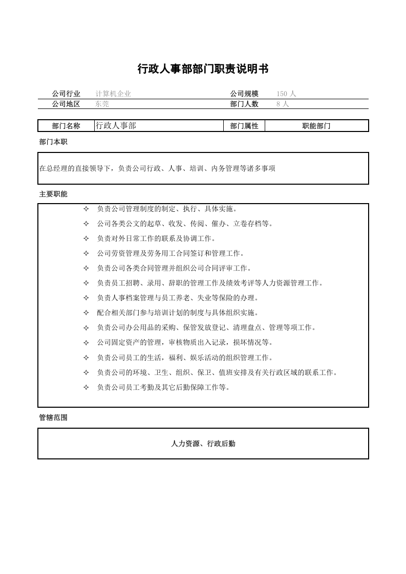 行政人事部部门职责说明书(计算机企业).doc 第1页
