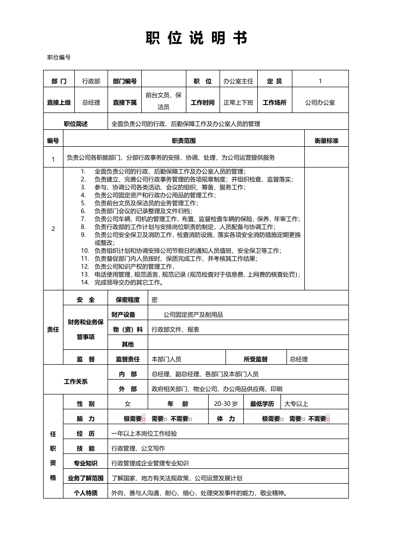 办公室主任职位说明书.doc 第1页