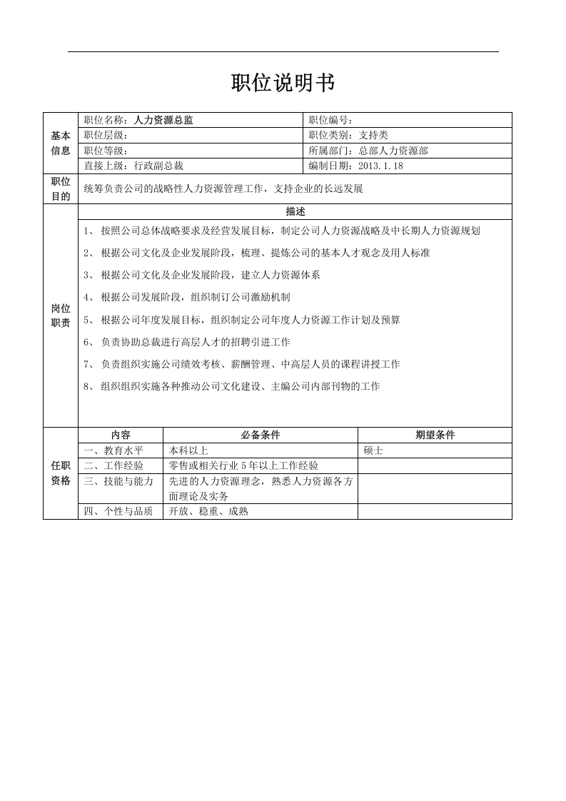 总部人力资源职位说明书（中高层）.doc 第1页