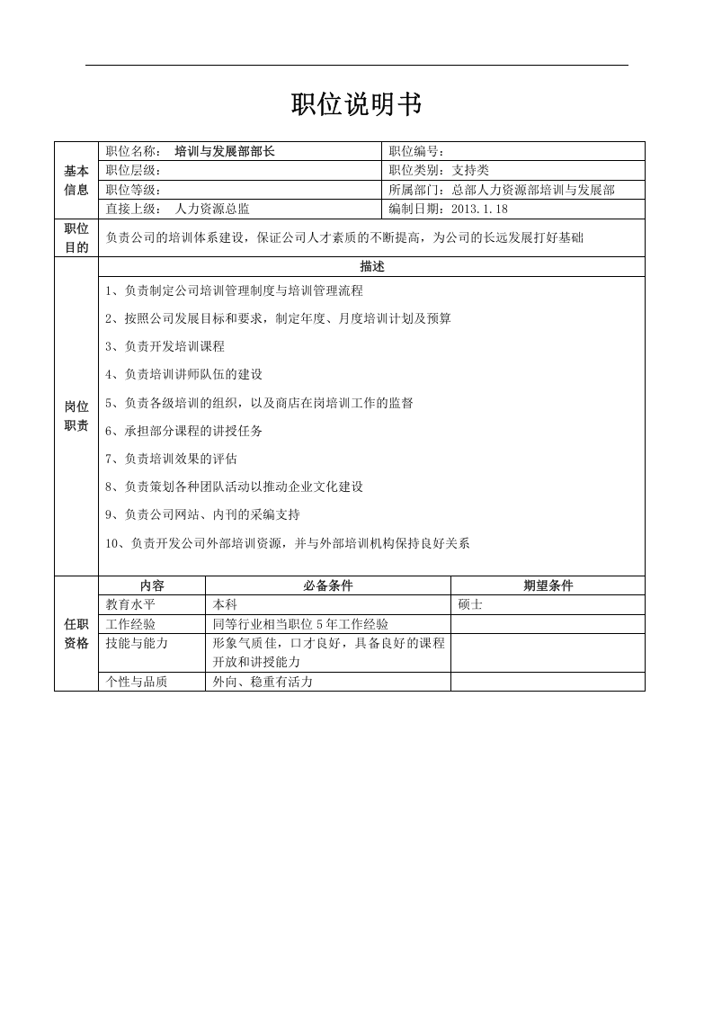 总部人力资源职位说明书（中高层）.doc 第2页