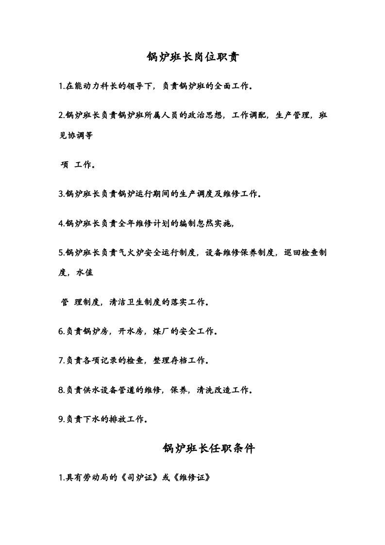 锅炉班长、司炉工、维修工岗位职责及任职条件.doc 第1页