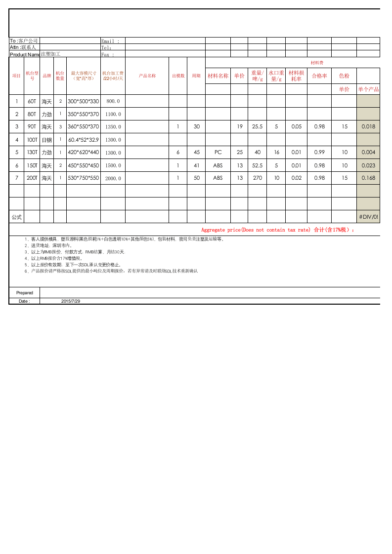 详细模具注塑报价单模板.xls 第1页