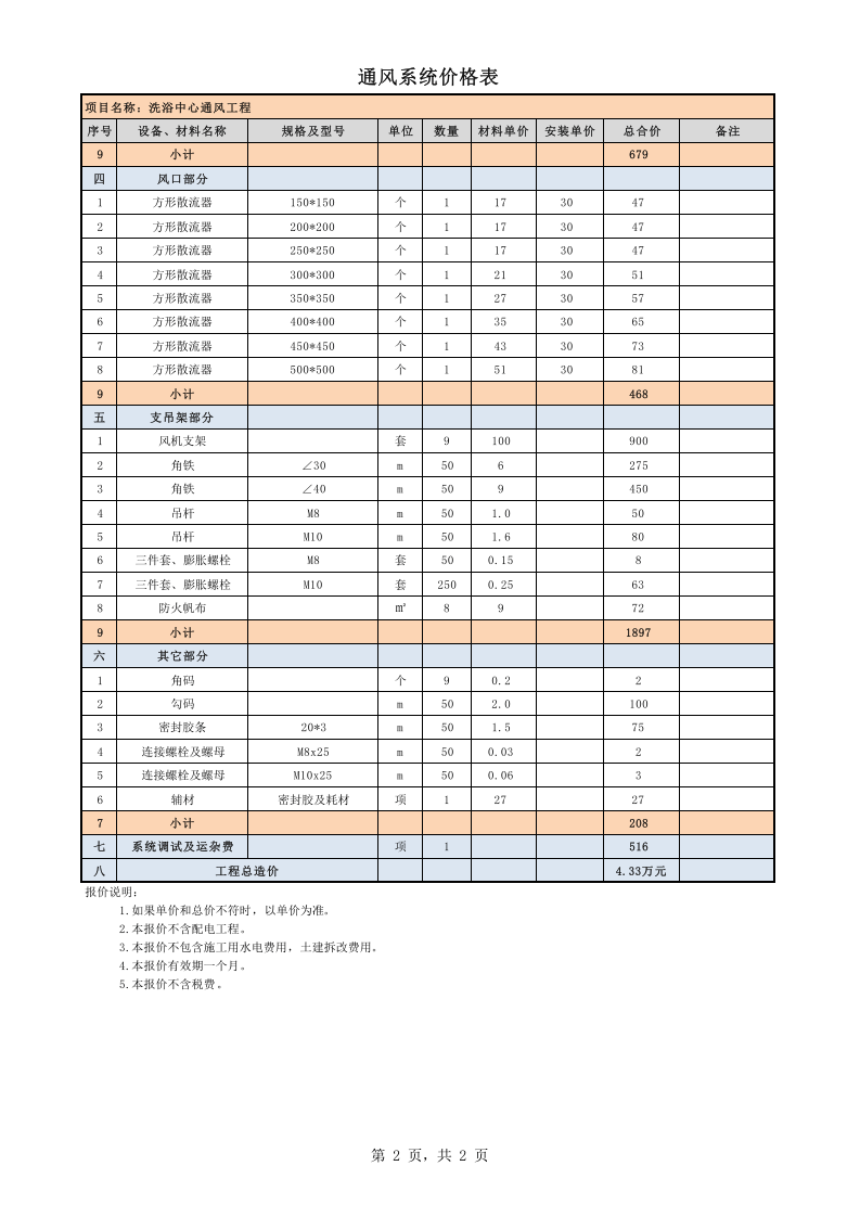 通风系统报价单模板.xls 第2页