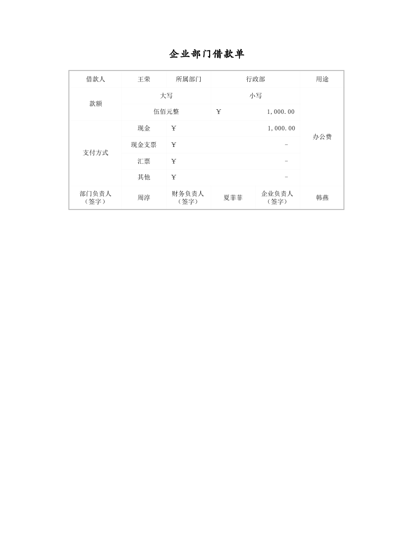 企业部门借款单.xlsx 第1页