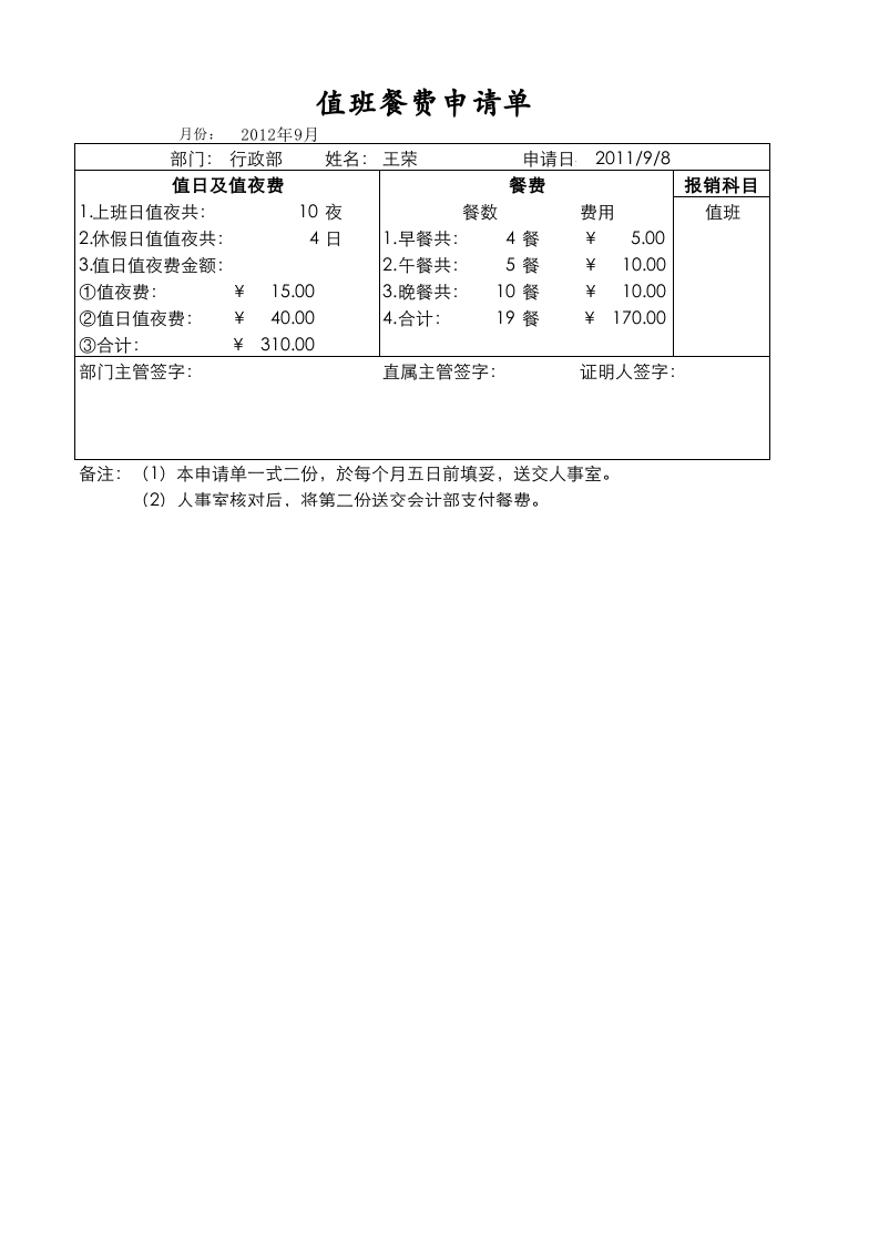 值班餐费申请单.xlsx 第1页
