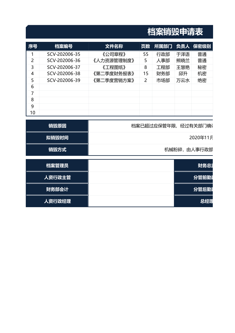 档案销毁申请表.xlsx 第1页