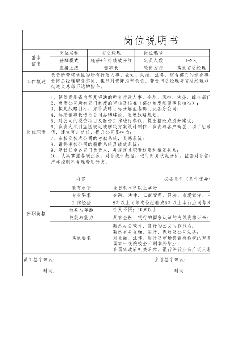 公司岗位说明书（投资理财）.xls 第1页