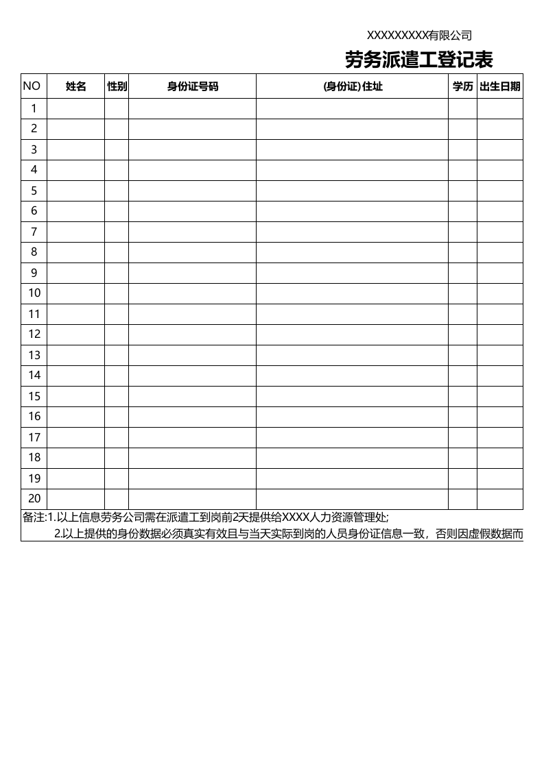 劳务派遣工登记表.xlsx 第1页
