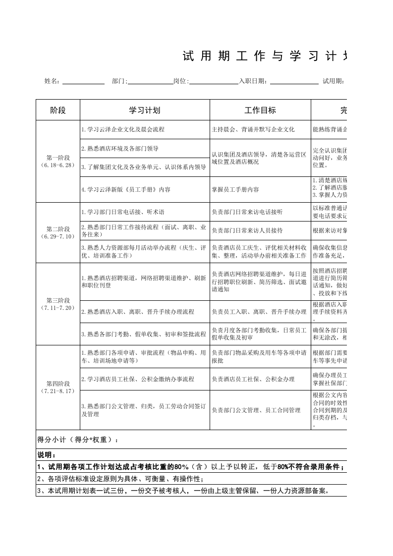 试用期工作与学习计划.xls 第1页