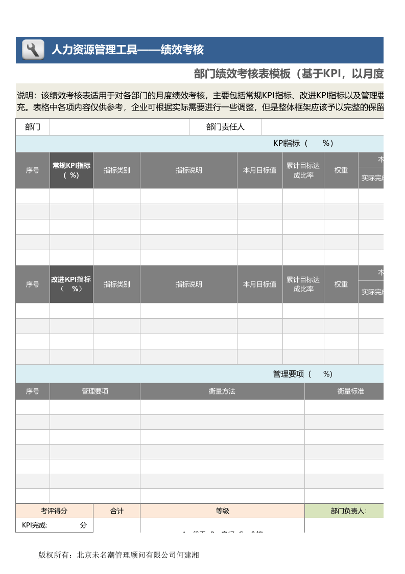 部门绩效考核表模板（基于KPI以月度为例2）.xlsx 第1页