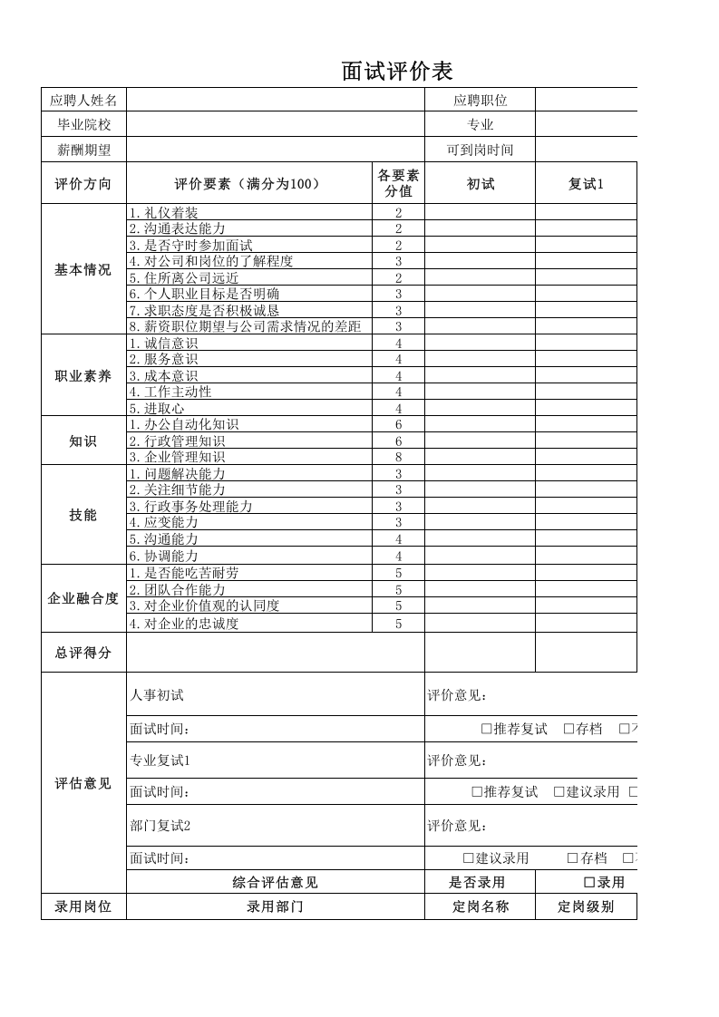 工具之10_行政类面试评价表.xlsx 第1页