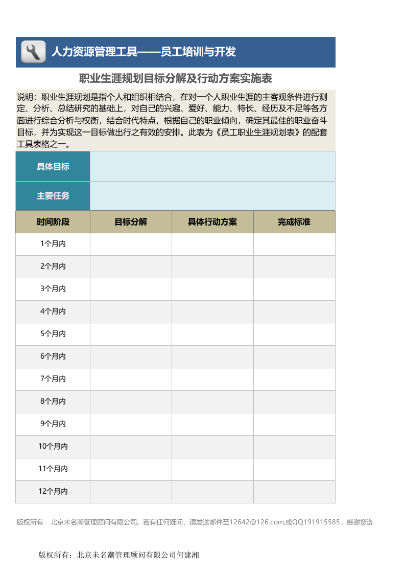 职业生涯规划目标分解及行动方案实施表模板.xlsx 第1页