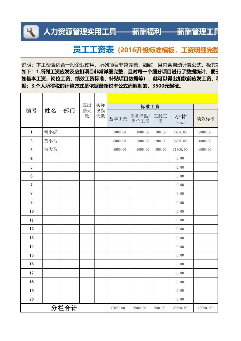 员工工资表（2016升级标准完善版，最新税率，全自动）.xlsx 第1页