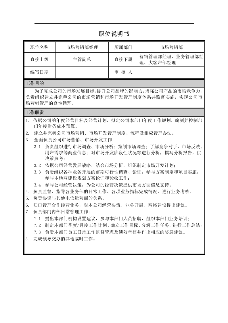 市场营销部经理职位说明书.doc 第1页