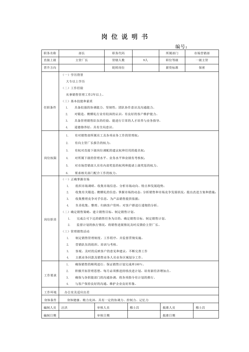 市场营销部各岗位说明书.doc 第1页