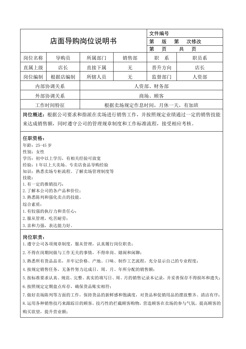 商业零售代理商公司的岗位说明书.doc 第1页