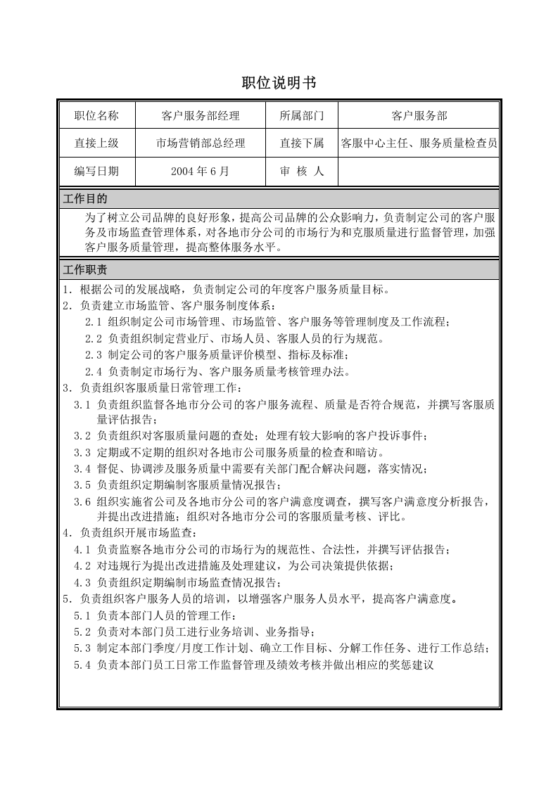 客户服务部经理职位说明书.doc 第1页
