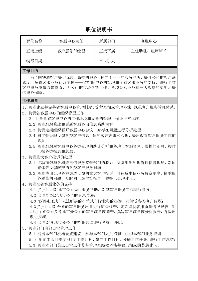 客服中心主任职位说明书.doc 第1页
